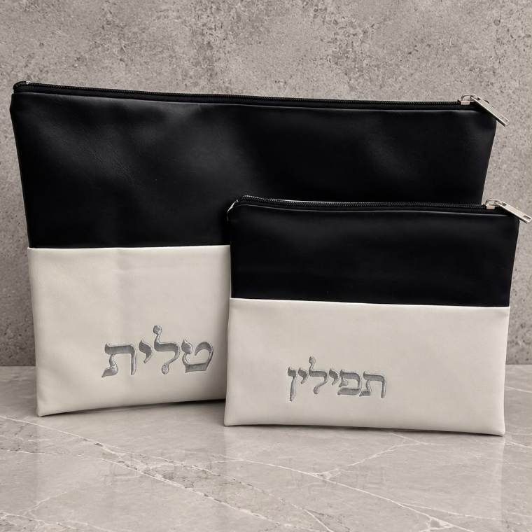 סט כיסויים דמוי עור שחור־לבן — כיסוי טלית ותפילין | יָאֵר ירושלים